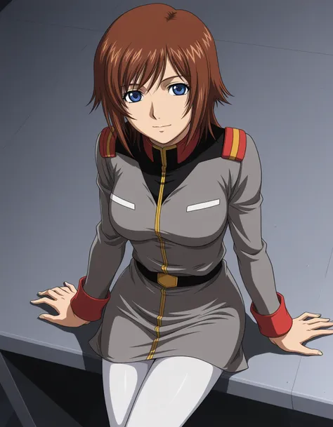 1girl, solo, miyu takizawa, brown hair, flipped hair, medium hair, blue eyes, light smile, military uniform, grey clothing, earth federation, white pantyhose, cowboy shot, sitting on desk, (from above:0.5), military base, anime coloring , dark theme, low l...