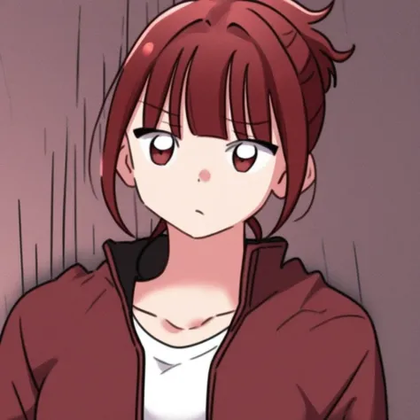 1girl, bangs, red brown hair, shirt, red brown eyes, collarbone, jacket, white shirt,  pants, blunt bangs