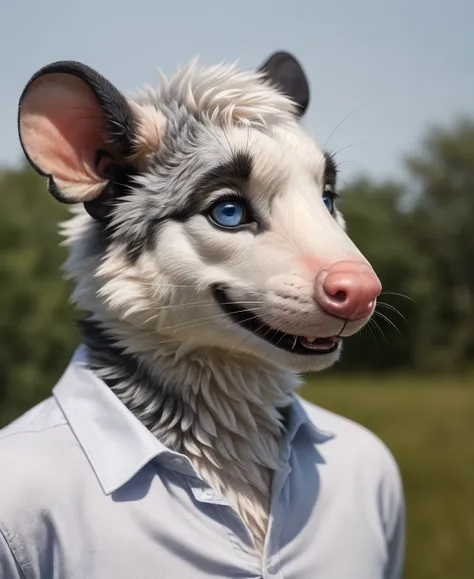 anthro, male, virginia opossum ((fursuit)), photographic, outdoors, front quarter view, realistic fur, detailed fur, long and fluffy fur, blue eyes
white and grey fur, black-furred ears, white top part of the ears