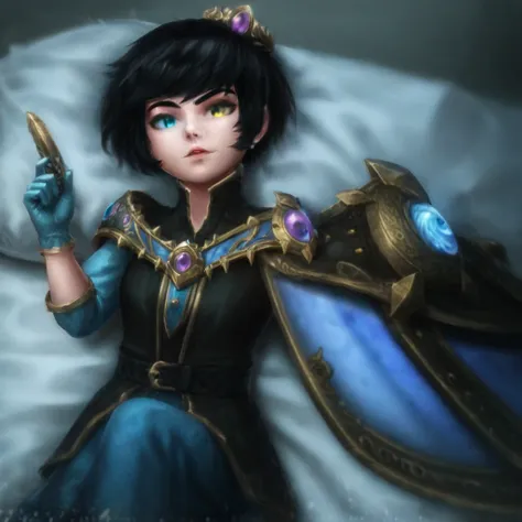 1 girl, laying on bed, short, heterochromia, black hair, short hair,