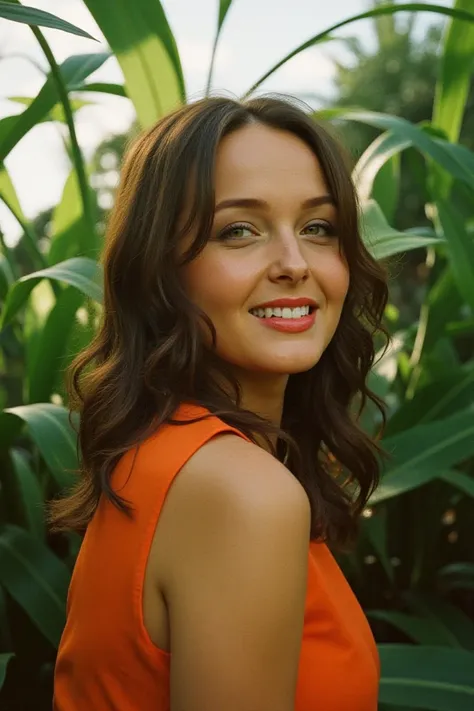 A stunning close-up portrait of a medium sized woman, captured on film with Kodaks signature colors. The scene unfolds in an exotic floral garden, where the subject sits elegantly, her vibrant top a pop of color against lush greenery. A beautiful smile ill...