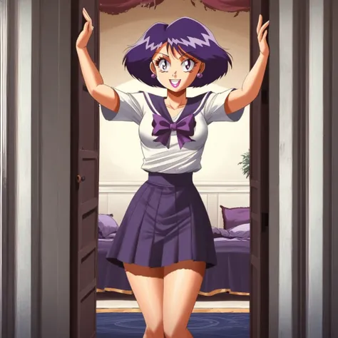 score_8_up, score_7_up, score_6_up, BREAK, madison_ts, purple hair, short hair, bangs, purple eyes, purple eyebrows, collarbone, amazonian body, purple sphere earrings, slender, naval, knee length skirt, dress, pink lipstick, smiling, baltimore maryland, i...