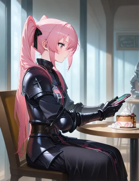 masterpiece,best quality,higres illustration,detailed face,1girl,<lora:knight_surcoat_IL:1>,surcoat,armor,upper body,long pink twintail,goth,using smartphone,cafe,sitting on chair,from side,whipped cream,