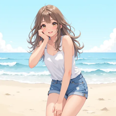 1girl, solo, shorts, brown hair, outdoors, long hair, day, beach, realistic, denim, ocean, leaning forward, smile, looking at viewer, brown eyes, denim shorts, short shorts