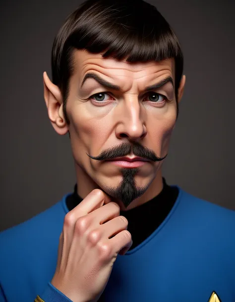 <lora:dhv4ndyk3:1> Medium shot of Spock from Star Trek with a dhv4ndyk3 beard and mustache. Hes wearing his blue Starfleet uniform and stroking his chin, with one eyebrow raised.