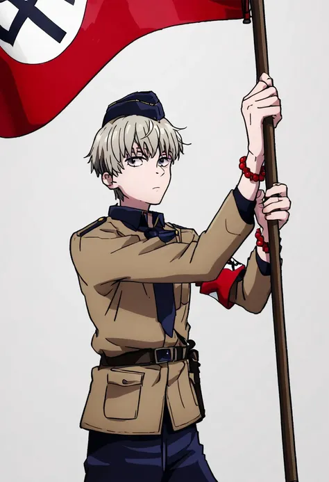 score_9, score_8_up, source_anime, highly detailed,highly detailed eyes,toge_inumaki, grey hair, purple eyes, bangs, short hair, Red flag with circle in the White with, beads, long sleeves,shirt, Holding the  flag, hat, male focus, flag, holding flag, uppe...
