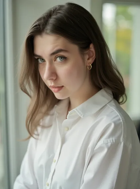 portrait of ang3l1c0tryy woman, on a office, glass window, serene and warm, natural lighting, soft focus, high-resolution, elegant and introspective atmosphere, quiet sophistication, wearing a white shirt all buttons closed, slight smile, makeup

