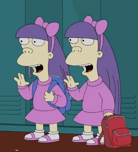 terri and sherri from the simpsons, 2girls, twins, long purple hair, pink bow headband,
pink dress, pink sandals,
hallway, lockers, backpack