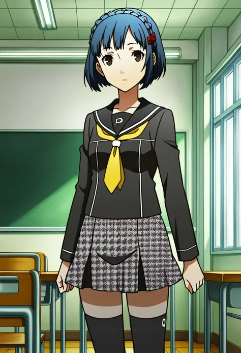 1 girl, solo, cute face,
p4aika, short hair, blue hair, hair ornament, crown braid,
school uniform, serafuku, yasogami school uniform, skirt, brown eyes, houndstooth skirt, black thighhighs, zettai ryouiki,
looking at viewer, expressionless, standing,
insi...