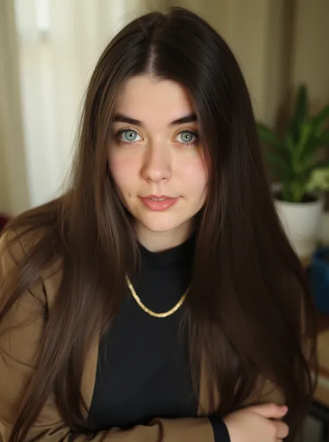 portrait of ang3l1c0tryy woman, on a office, serene and warm, natural lighting, soft focus, high-resolution, elegant and introspective atmosphere, quiet sophistication, wearing a turtleneck yarn blouse, happy smile