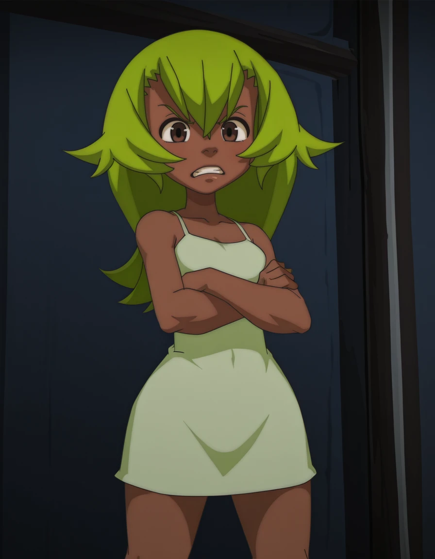 <lora:AmaliaWakfuIllustrious1.0JLFO:1> Amalia, solo, green hair,brown eyes, dark skin, dark-skinned female, 1girl, clenched teeth, long hair, teeth, nightgown, standing, bare shoulders, breasts,frown, looking at viewer, crossed arms,