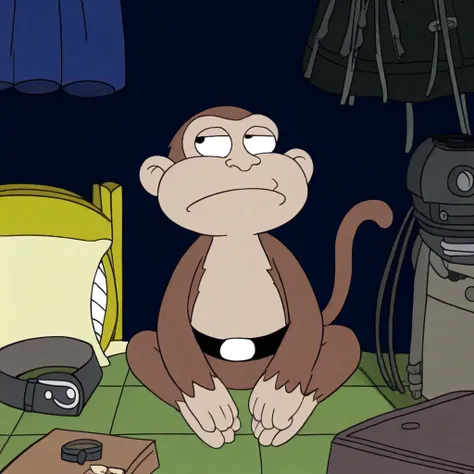 evil monkey, solo, closed mouth, lamp, curtains, sitting, multiple boys, belt, parody, tail