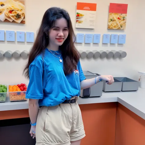 necklace, long hair, arm behind back, jewelry, food, socks, real life insert, black hair, blue shirt, blurry background, shoes