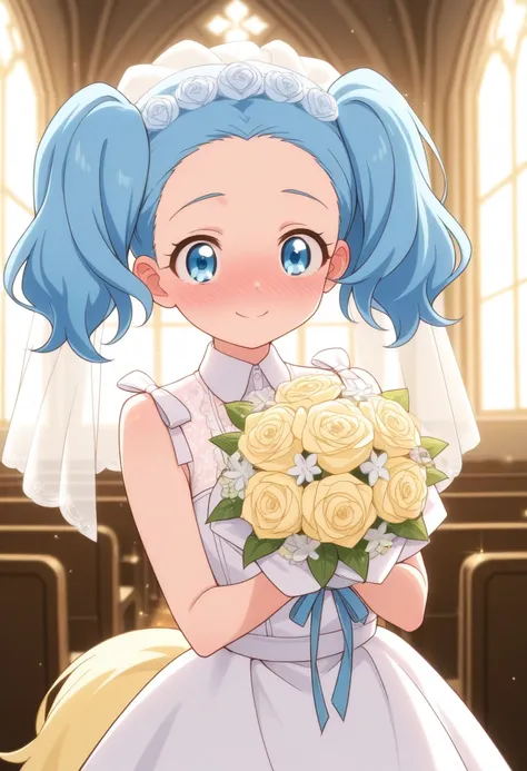 best quality, masterpiece, sapphiehuman, 1 girl, solo, twintails, blue eyes, blue hair, yellow tail, wedding dress, wedding veil, church, blush, bouquet, smile, happy, blush, deep blush, embarrassed, nose blush