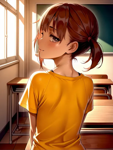 masterpiece,best quality,amazing quality,
solo,1girl,
<lora:natsu_ilxl_v1:1>,natsu,yellow short -sleeved long t -shirt,
<lora:Fixhands_anime_bdsqlsz_V1:1>,classroom,desk,chair,morning sun,looking_at_viewer,head_tilt,from behind,from_back,back,looking_back,...