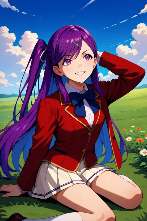 score_9, score_8_up, score_7_up, score_6_up, source_anime, 1girl, solo,  <lora:kamuromasumi-pdxl-nvwls-v1_1-000005:1> hskamuro, one side up, purple hair, long hair, purple eyes, hairclip, red blazer, black bowtie, white miniskirt, pleated skirt, arm behind...