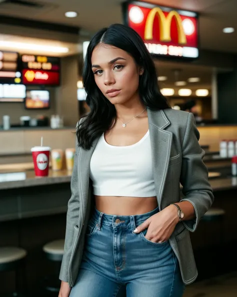 cinematic still , realistic, best quality , RAW photo of 
 <lora:CamilaCortezQuiron_v06i05e15t05nr77na77ada_Lora:0.77> camilacortezQuiron woman, makeup, 
Ralph Lauren tweed blazer, baseball jersey with high-waisted acid wash jeans, is working in a mc donal...