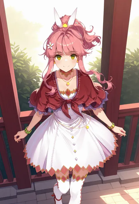 1girl, solo,
<lora:shiMengdengV1:1>, shifanciadream, long hair, ponytail, green eyes, pink hair, sidelocks, hair flower, 
hair ornament, jewelry, bracelet, necklace, 
white dress, red capelet, thighhighs, red footwear, 
looking at viewer, smile, blush, 
be...