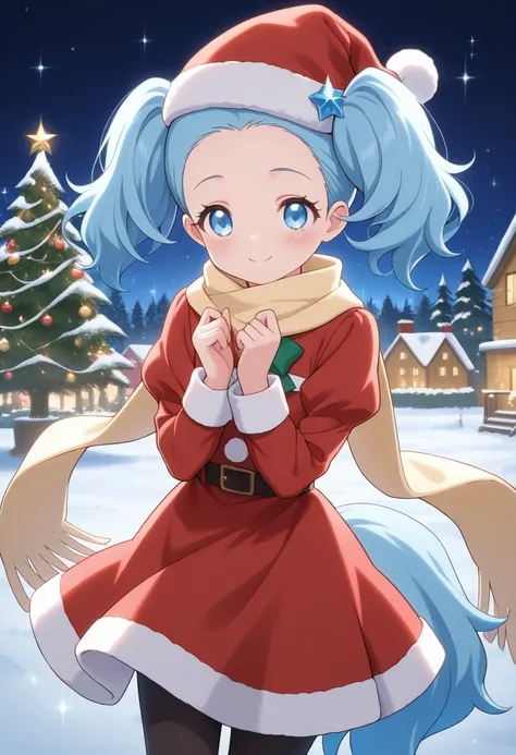 best quality, masterpiece, sapphiehuman, twintails, blue eyes, blue hair, tail, hair ornament,forehead, 1girl, solo, smile, blush, looking at viewer, outside, snow, christmas trees, (santa outfit, santa hat), scarf, sparkles, night time, puffy sleeves, bla...