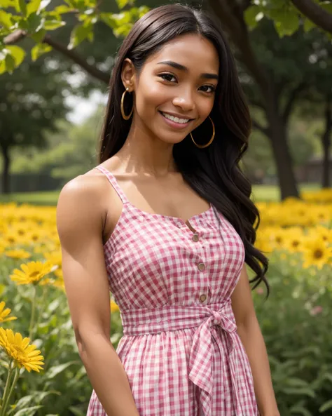 woman, zoraGNRC, periodic eye, smiling, floral or gingham print sundresses, nature