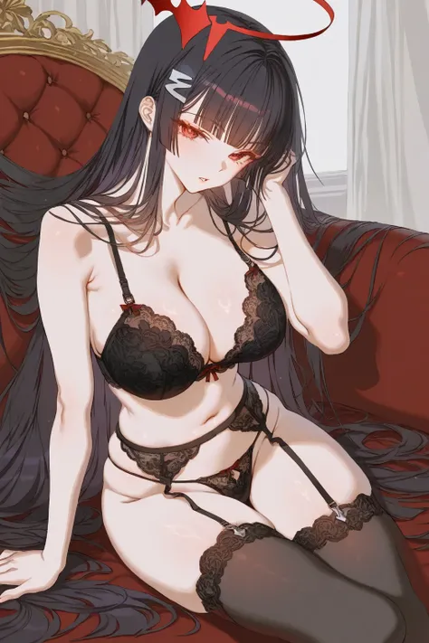 -chosen colorbox, 1girl, breasts, solo, long hair, thighhighs, red eyes, underwear, black hair, cleavage, bra, large breasts, looking at viewer, panties, very long hair, black bra, garter belt, black panties, hair ornament, navel, sitting, black thighhighs...