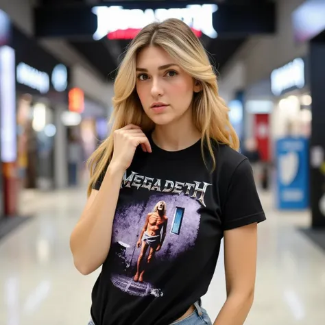 , ultra detailed, ultra realistic, ultra defined texutes, cinematic, cinematic lighting, 8k, analog polaroid, front facing view,  a beautiful blonde woman, extreme black makeup, wearing a megadeth t-shirt, countdown to extinction, and a denim skirt in a sh...