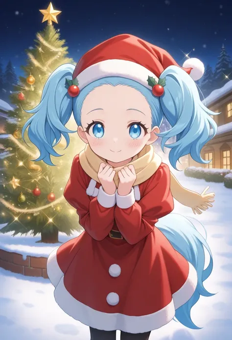 best quality, masterpiece, sapphiehuman, twintails, blue eyes, blue hair, tail, hair ornament,forehead, 1girl, solo, smile, blush, looking at viewer, outside, snow, christmas trees, (santa outfit, santa hat), scarf, sparkles, night time, puffy sleeves, bla...