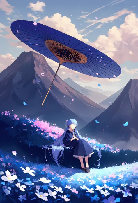 (1girl:1.1),
solo,dreamlike,outdoors,very long hair,mountain,blue theme,cloudy sky,long hair,closed eyes,flower,tree,twintails,flower field,falling petals,field,mountainous horizon,grass,absurdly long hair,day,nature,blue hair,holding,oil-paper umbrella,sc...