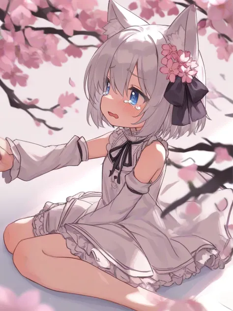 1girl,solo,cherry blossoms,hair flower,pink flower,hair ribbon,cat ears,animal ear fluff,grey hair,short hair,bangs,blue eyes,hair between eyes,eyebrows visible through hair,blush,neck ribbon,white dress,frilled collar,medium dress,petticoat,detached sleev...