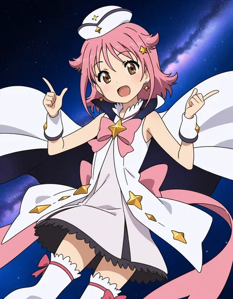 general,highres, ultra-detailed,very aesthetic,best quality ,best hands,  BREAK <lora:Subaru_Houkago_no_Pleiades_IS:1>subaru(Pleiades), 1girl, pink hair, short hair, brown eyes, star hair ornament, anime coloring,
 thighhighs, pink bow, hat, bow, solo, smi...