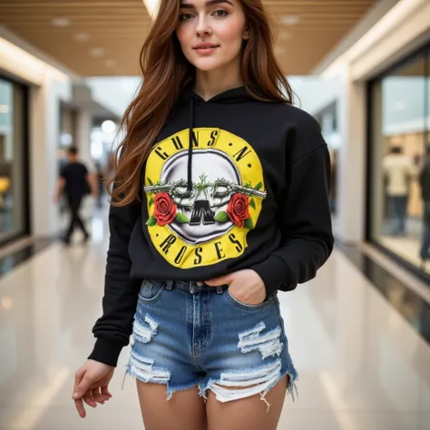 <lora:gnr-shirt-guns:1> gnr, ultra detailed, ultra realistic, ultra defined texutes, cinematic, cinematic lighting, 8k, analog polaroid, front facing view,  a beautiful woman wearing a guns n roses hoodie, she has the hood on, and a denim skirt in a shoppi...