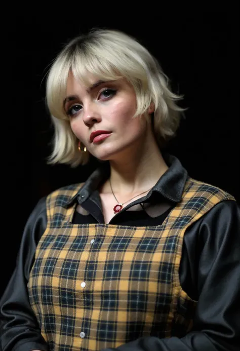 {    "T5": "A high-quality, intimate portrait of Millie Gibson, showcasing her unique sense of style and personality. The image is a close-up shot, focusing on Millies face and upper body. She has short, chic blonde hair and is wearing a bold, tartan pinaf...