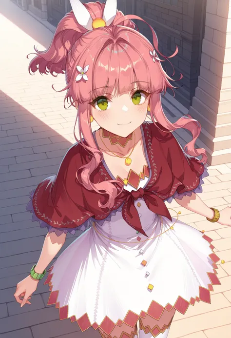 1girl, solo,
<lora:shiMengdengV1:1>, shifanciadream, long hair, ponytail, green eyes, pink hair, sidelocks, hair flower, 
hair ornament, jewelry, bracelet, necklace, 
white dress, red capelet, thighhighs, 
looking at viewer, smile, blush, 
best quality, ma...