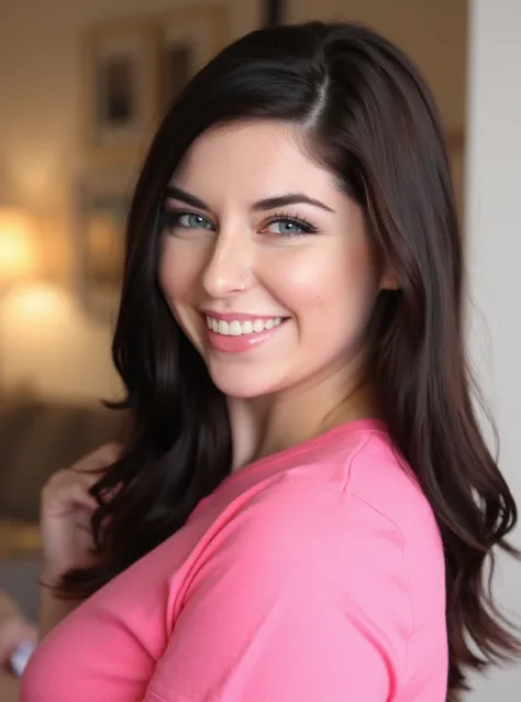 RAW photo of k31r4cr0ft woman, wearing a pink tshirt, in a living room, detailed face, natural lighting, highly detailed, absurdres, smile happy

