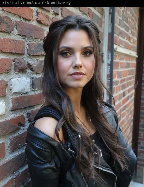 This photograph features poppy_drayton with a striking, edgy appearance. She stands against a brick wall, with a rough texture and muted colors that contrast with her vibrant, high-fashion look. Her hair is styled in voluminous, loose waves, cascading over...