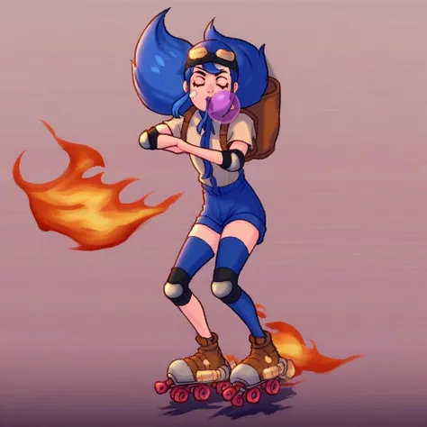 fire, mouth hold, open mouth, solo, goggles on head, simple background, closed eyes, bandaid, full body, thighhighs, looking at viewer, knee pads, ground vehicle, bubble blowing, skates, hat