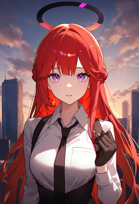 (1girl:1.1),
solo,dreamlike,outdoors,cloud,shirt,black necktie,looking at viewer,skyscraper,red hair,halo,twilight,necktie,sunset,parted lips,white shirt,medium breasts,breasts,upper body,night sky,long hair,building,black gloves,night,collared shirt,sky,v...