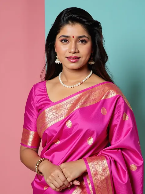 headshot photo of Neelam Kothari woman,hyper realistic candid photo  studio quality, wearing intricate conservative long sleeved Magenta Bomkai Saree (Odisha traditional saree), curls, pastel shaded multicolored background, cinematic lighting<lora:TestBedN...