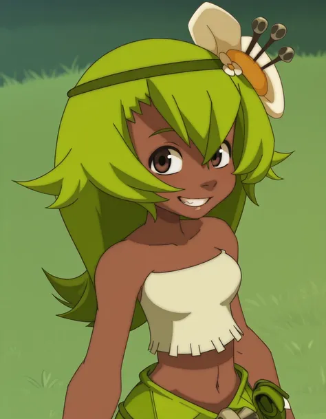 <lora:AmaliaWakfuIllustrious1.0JLFO:1> amalia, 1girl, hairband, solo, hair flower, green hair, dark skin, dark-skinned female, long hair, brown eyes, bare shoulders, breasts, strapless, tube top, midriff,grass skirt,upper body, teeth, grin,  looking at vie...