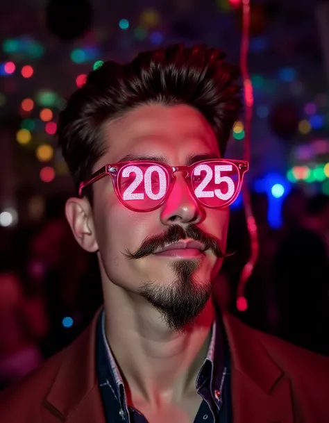 <lora:dhv4ndyk3:1> Portrait photo of a man at a New Years Eve party. He has a dhv4ndyk3 beard and mustache, and is wearing bright novelty glasses that say "2025". There is confetti, streamers, and balloons.