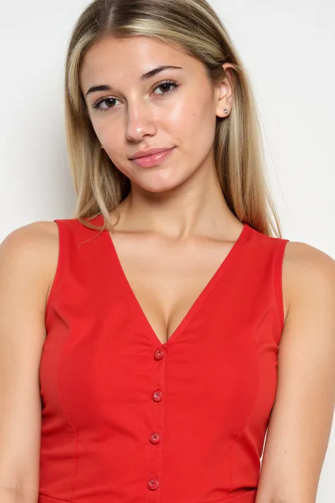 h1ll, woman wearing a red top, white background