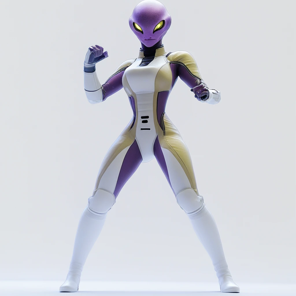 yellow eyes, green eyes, noseless, boots, purple skin, armor, medium breasts, futuristic white uniform, solo focus, fighting stance, signature, smile, earless, simple background, clenched hands, spacesuit, looking at viewer