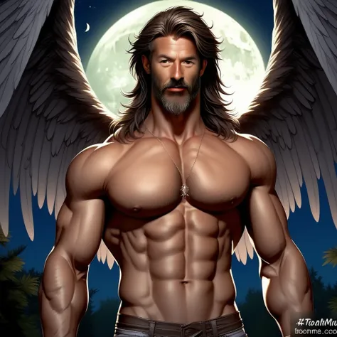 beach, mature male, underwear, night, sexy, long hair, solo, facial hair, wings, sky, moon, 1boy, arm hair, nipples, navel hair, necklace, chest hair, artstation, bulge, high detailed, big bulge, muscular, forest, beard, thighs, muscular male, short hair