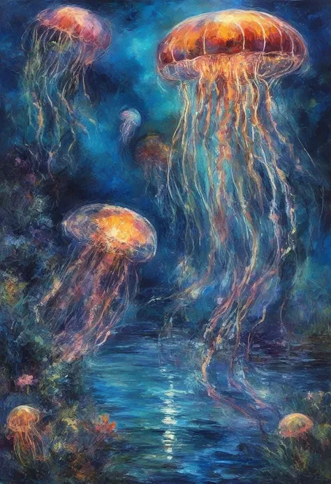 ImpressionistStrokes,  A serene lake inhabited by fantastical glowing jellyfish-like creatures floating above the waterâs surface, their ethereal forms softly illuminated by moonlight, creating a mysterious and otherworldly atmosphere in Impressionist st...