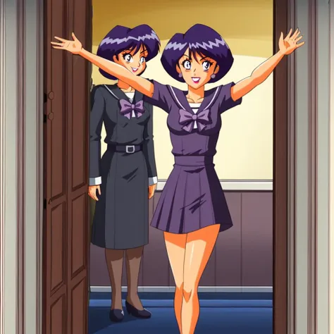 score_8_up, score_7_up, score_6_up, BREAK, madison_ts, purple hair, short hair, bangs, purple eyes, purple eyebrows, collarbone, amazonian body, purple sphere earrings, slender, naval, knee length skirt, dress, pink lipstick, smiling, baltimore maryland, i...