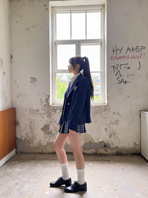 a young woman standing in an old, dilapidated building. She is wearing a school uniform, The girl has long black hair, tied in a ponytail. She is wearing black shoes. The building has peeling paint, broken windows, and some graffiti on the walls. The sunli...