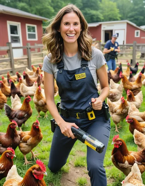 a professional absurdres intricately detailed sharp-focus photograph of solo 1woman Jenn_Seelig smiling brightly,
wrangling chickens armed with tasers,
 <lora:Jenn_Seelig-SDXL:0.8>