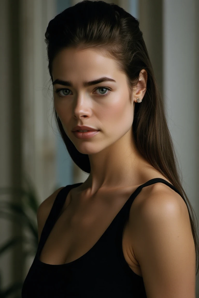 "A captivating portrait of a woman with piercing eyes and a determined gaze. Her hair is styled in a sleek, pulled-back look, emphasizing her strong facial features and flawless complexion. She wears a sleeveless black outfit, adding a modern and dynamic t...