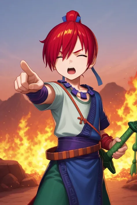 score_9, score_8_up, score_7_up, score_6_up, score_5_up,score_4_up, 
masterpiece, best quality, amazing quality, very aesthetic, absurdres, newest, official art, high resolution
 jian xiake, red hair, purple eyes, chinese clothes, 1boy, solo, pointing, wea...