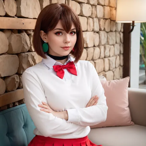 cata7pln, wearing Momo cosplay, photo of a woman, short brown hair, red eyes, disk earrings, large green earrings, black choker, white shirt collar, (pink sweater:1.1), windbreaker, red bowtie, skirt, blue skirt, white leg warmers, UHD, 8K, ultra detailed ...